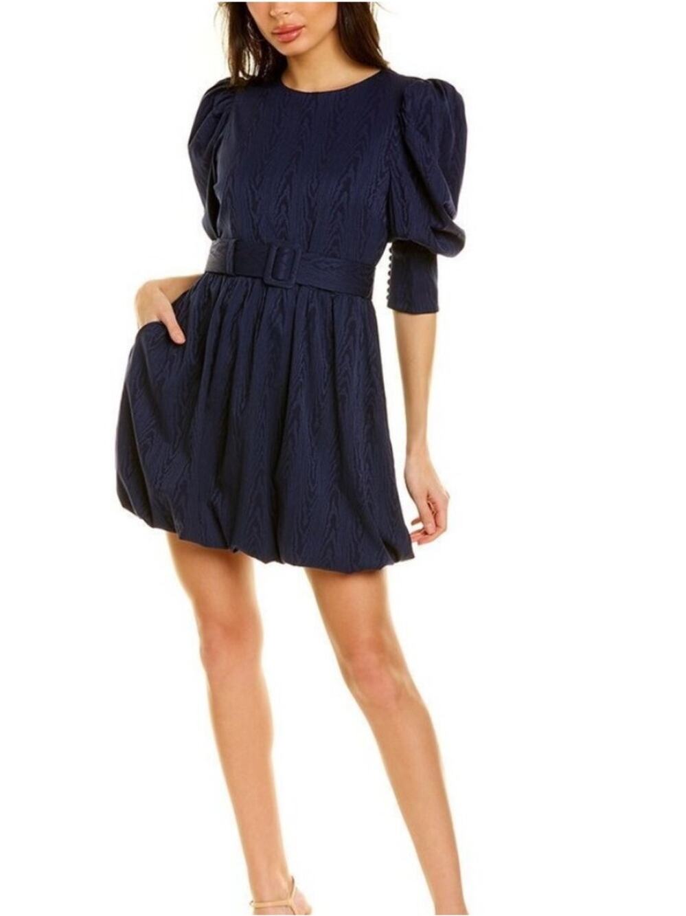 Something  Navy Blue Mila Puff-Sleeve Belted Mini Dress Wood Grain Print Small